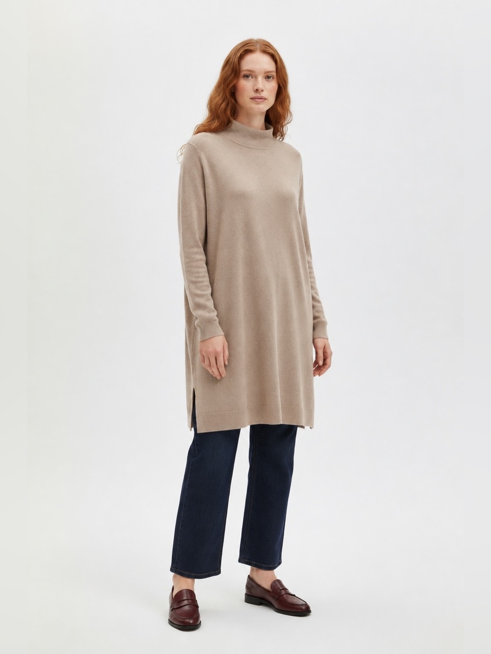 Eileen Fisher extra fine Marie Noble slouchy neck beige sweat sweater dress XL